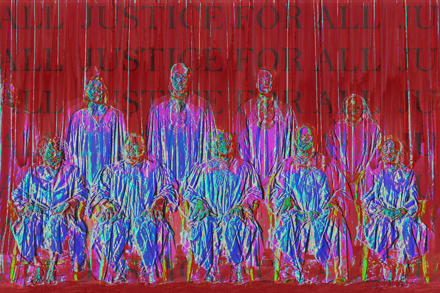 A croupted image of the US Supreme Court with the words Justice for all all across the screen