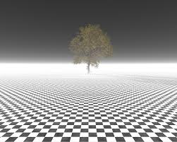 photo of a void with black and white checkerd floor and a singular tree